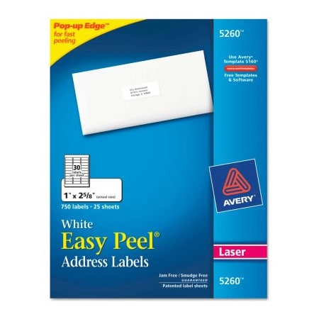 Avery® Easy Peel Laser Address Labels, 1 X 2-5/8, White, 750/Pack